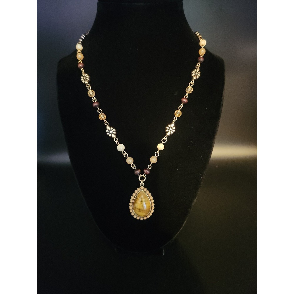 Vintage CHAPS Tiger Eye Beaded Pendant Necklace Y2K Boho Gold Tone Adjustable